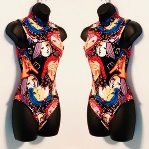 Mock Neck Bodysuit, Multicolor Print